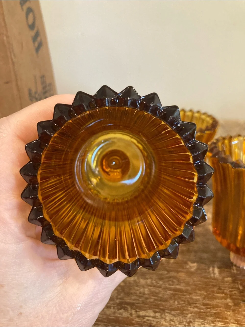 6 Vintage Homco Flic-A-Lite Amber Ribbed Cut Pegged Votive Candle Holders